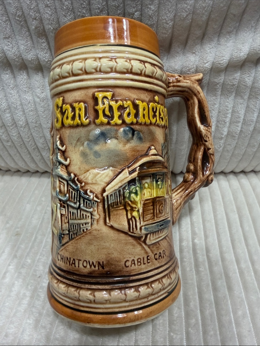 Vintage Souvenir Ceramic Tankard Beer Stein San Francisco Chinatown Cable Car.